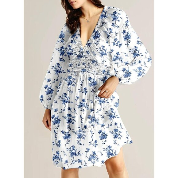 Women's Floral V Neck Long Sleeve Smocked Elastic Waist A-Line Mini Dress - Picture 3 of 3